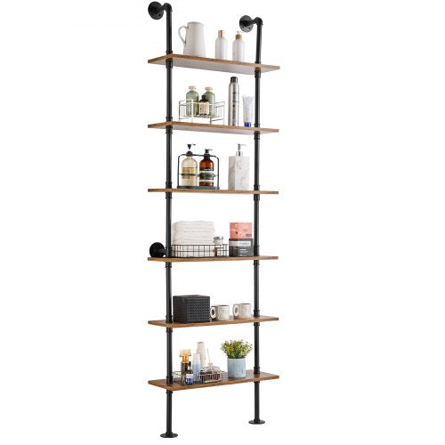 6-tier industrial pipe shelf with wooden planks, wall-mounted using black pipes, 24x9.84 inches.