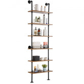 6-tier industrial pipe shelf with wooden planks, wall-mounted using black pipes, 24x9.84 inches.