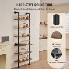 A 6-tier industrial wall-mounted pipe shelf with wooden planks and steel tubes, measuring 24x9.84 inches.