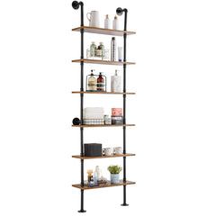 A 6-tier industrial pipe shelf with wooden planks and black metal pipes, wall-mounted, measuring 24x9.84 inches.