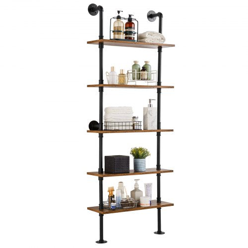 A 5-tier industrial pipe shelf with wooden planks and black metal piping.