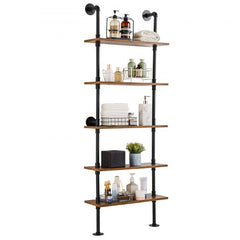 A 5-tier industrial pipe shelf with wooden planks and black metal piping.