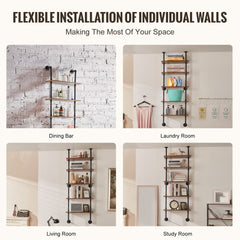 5-tier industrial pipe shelf with wood planks, mounted on walls in dining bar, laundry room, living room, and study room setups.