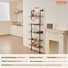 5-tier industrial pipe shelf with wooden planks, mounted on wall in kitchen, 24 by 9.84 inches.