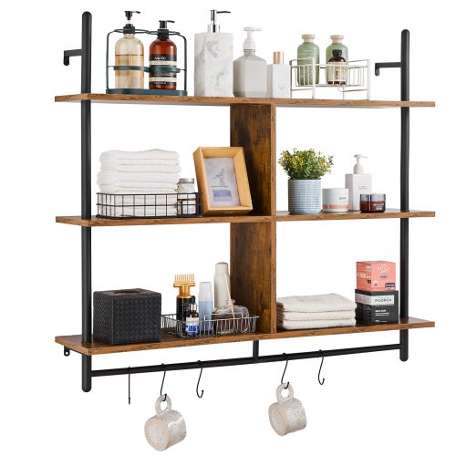 3-tier industrial pipe wall shelf, 41.5x9.84in, black metal frame with wood boards, holding bathroom items.