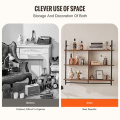 A three-tier industrial pipe shelf is shown in a before and after comparison.