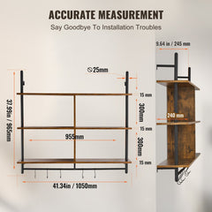 Diagram of a 3-tier industrial pipe wall shelf measuring 41.5 by 9.84 inches with labeled dimensions.