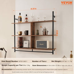 3-tier industrial pipe wall shelf, 41.5x9.84in, with wood planks and black metal frame.