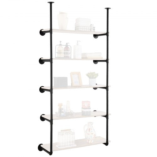 Black industrial pipe wall-mounted shelf with 5 wooden tiers, 11.8 inches wide.