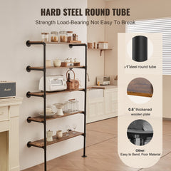 Black industrial 5-tier wall-mounted pipe shelf with wooden boards in a room setting.
