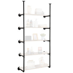 A black industrial pipe wall-mounted shelf with 5 wooden tiers, 11.8 inches wide.