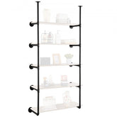 A black steel 5-tier industrial pipe shelf, 9.84 inches wide, wall-mounted with wooden shelves.