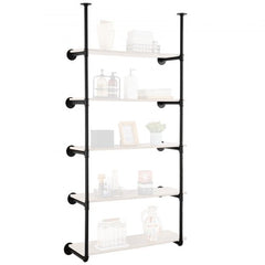 A black steel 5-tier industrial pipe shelf, 9.84 inches wide, wall-mounted with wooden shelves.