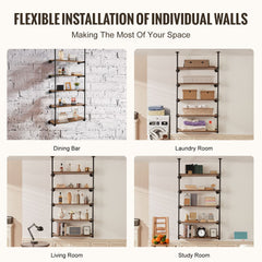 Black steel 5-tier industrial pipe shelf mounted on wall with books and decor in various rooms