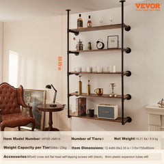 A 5-tier black steel industrial pipe shelf mounted on a white wall, displaying books, bottles, and decor.