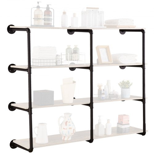 Black steel 4-tier wall-mounted shelf with industrial design for organizing various items.
