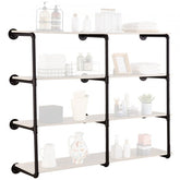 Black steel 4-tier wall-mounted shelf with industrial design for organizing various items.