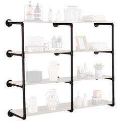 Black steel 4-tier wall-mounted shelf with industrial design for organizing various items.