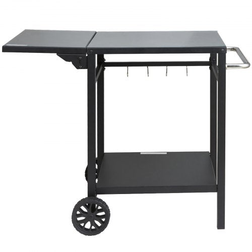 Foldable BBQ prep table with double shelves and hooks for organized outdoor cooking.