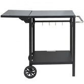 Foldable BBQ prep table with double shelves and hooks for organized outdoor cooking.