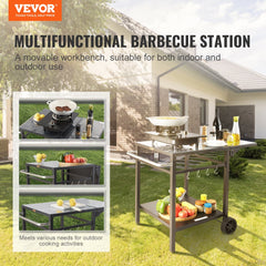 Foldable BBQ prep table with double shelves and hooks for grilling tools and accessories.