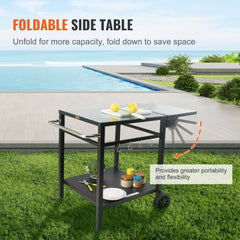 Foldable outdoor grill cart with double shelves, hooks, and durable wheels for easy mobility.