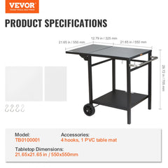Foldable BBQ prep table with double shelves and hooks for grilling tools and accessories.