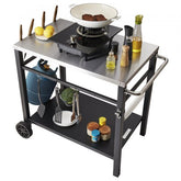 Stainless steel outdoor grill cart with double-layered shelves and storage accessories.