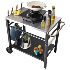 Stainless steel outdoor grill cart with double-layered shelves and storage accessories.