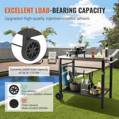 Stainless steel outdoor grill cart with double-layered shelves and organized storage accessories.