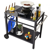 Black outdoor grill cart with double shelves and hooks for BBQ prep and storage.