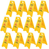 Bostome 12-pack foldable yellow bilingual caution wet floor signs with bold text and icons.