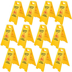 Bostome 12-pack foldable yellow bilingual caution wet floor signs with bold text and icons.