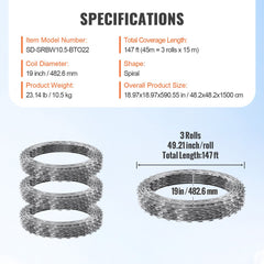 Three rolls of galvanized razor barbed wire, each 19 inches in diameter, totaling 147 feet.