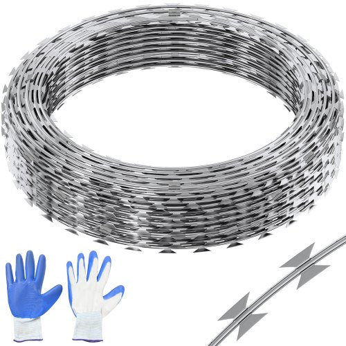 Galvanized double spiral razor barbed wire fencing in three 19-inch diameter coils.