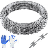 Galvanized double spiral razor barbed wire fencing in three 19-inch diameter coils.