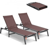 Two adjustable aluminum chaise lounge chairs in a five-position design for outdoor relaxation.
