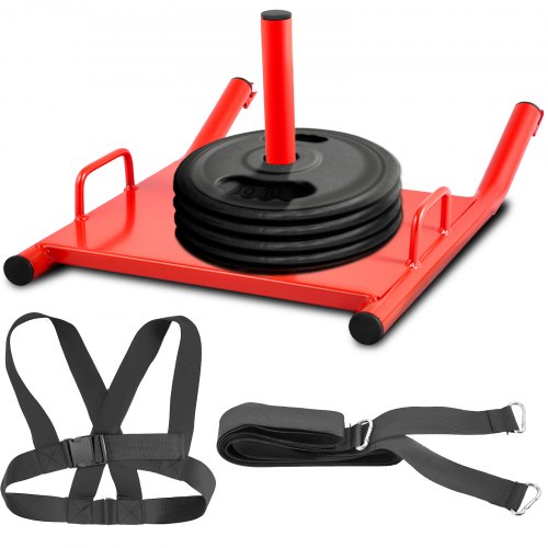 Red power speed training sled with 500 lbs capacity, black harness, and weight plates.
