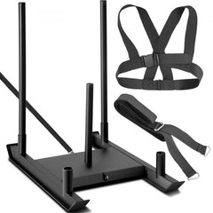 Black steel power speed sled with push poles, pull harness, and drag strap for training.