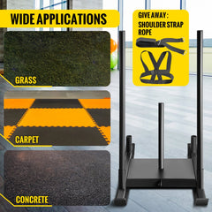Steel power speed sled with shoulder straps, rope, and harness for training on grass, carpet, and concrete.
