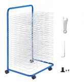 Blue art drying rack with 25 removable shelves and four wheels for easy mobility.