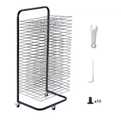 Black art drying rack on wheels with 25 removable shelves for efficient organization.