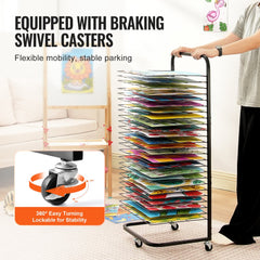Black art drying rack on wheels with 25 removable shelves for efficient organization.