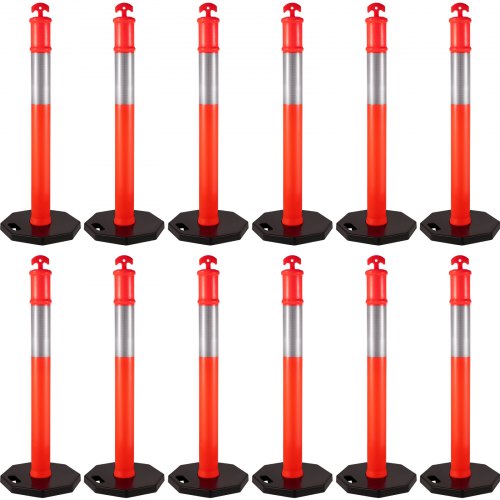 A pack of 12 red and white 44-inch traffic delineator posts with black rubber bases.