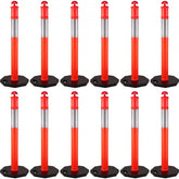 A pack of 12 red and white 44-inch traffic delineator posts with black rubber bases.