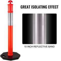 A 44-inch tall orange traffic delineator post with reflective bands and black rubber base.