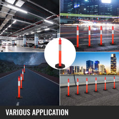 Collage showing 12-pack 44-inch orange traffic delineator posts with reflective bands and rubber bases in various settings.