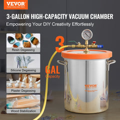 Bostome 3 gallon vacuum chamber with tempered glass lid and 304 stainless steel construction.