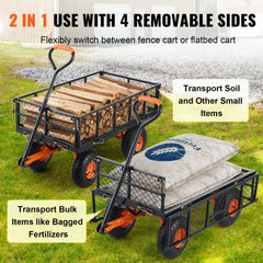 Black metal garden dump cart with removable sides, 10-inch tires, and 400 lbs capacity, shown hauling firewood and soil bags.