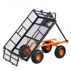 Black metal garden dump cart with orange accents, mesh sides, and 10-inch pneumatic tires.